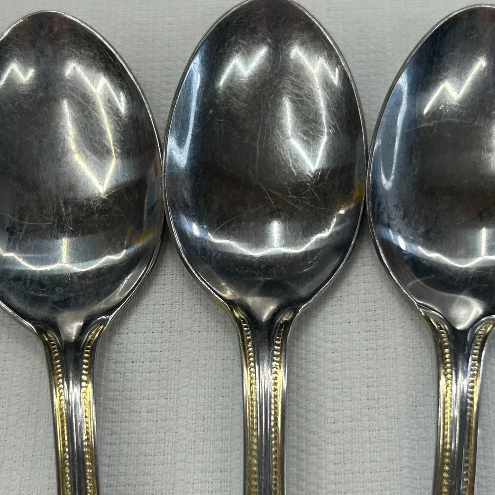 6 pc International Silver Royal Bead Gold Soup Tea Spoons Stainless Gold Trim